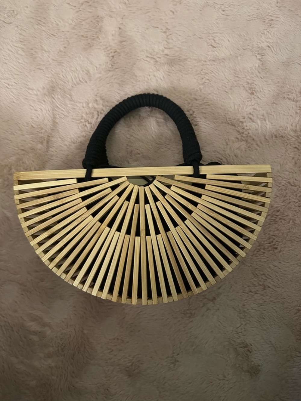 Small Semi-Circle Bamboo Tote with Black Woven Handle and Inside Purse